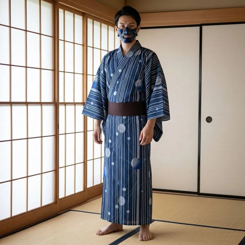 Kimono bleu homme aux manches larges et coupe droite