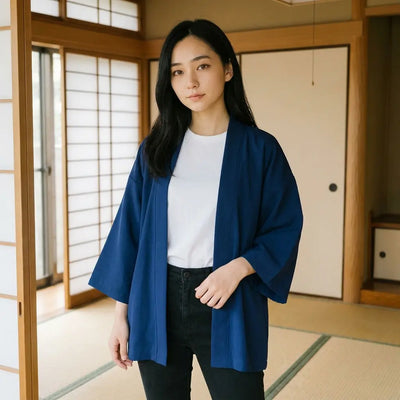 Kimono cache-cœur femme porté sur une tenue du quotidien, devant des paravents shoji