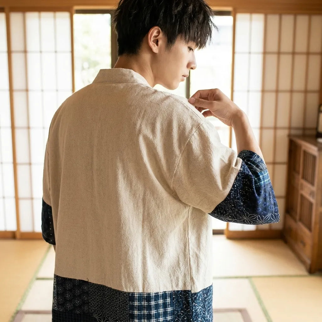 Kimono Cardigan Court vue de face avec motifs japonais