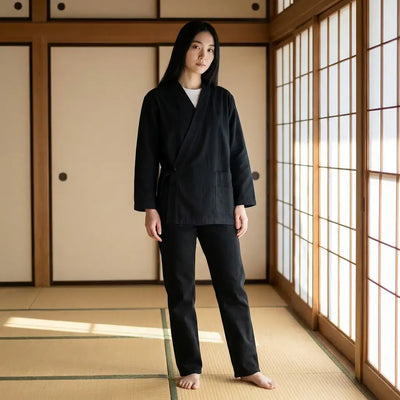 Kimono Cardigan porté par une femme dans une pièce japonaise traditionnelle