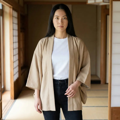 Cardigan japonais neutre pour femme, vue de face avec vue sur les toits en arrière-plan