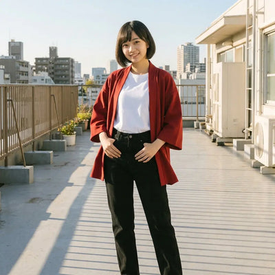 Le kimono enveloppant rouge uni sur un toit en fin de journée, lumière chaude