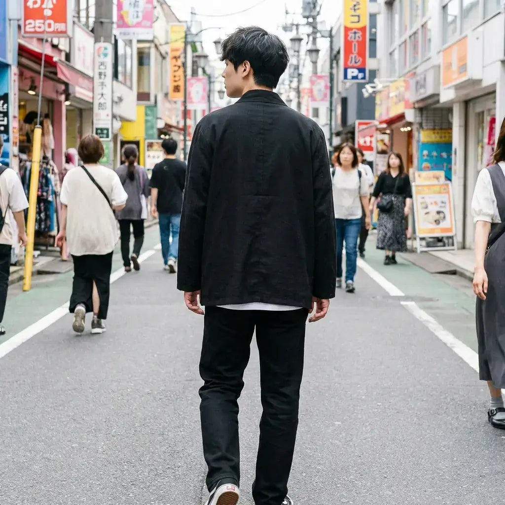 Kimono Cardigan porté par un homme dans une pièce japonaise traditionnelle, vue de face