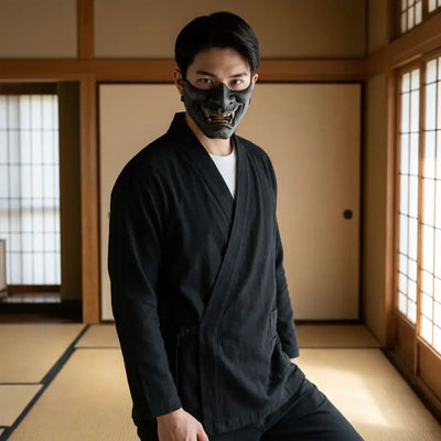 Kimono Cardigan porté par un homme dans une pièce japonaise traditionnelle, vue de face