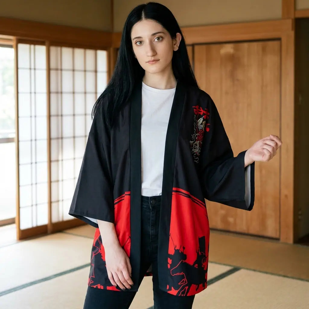 Kimono coverup motif kanji oni pour femme