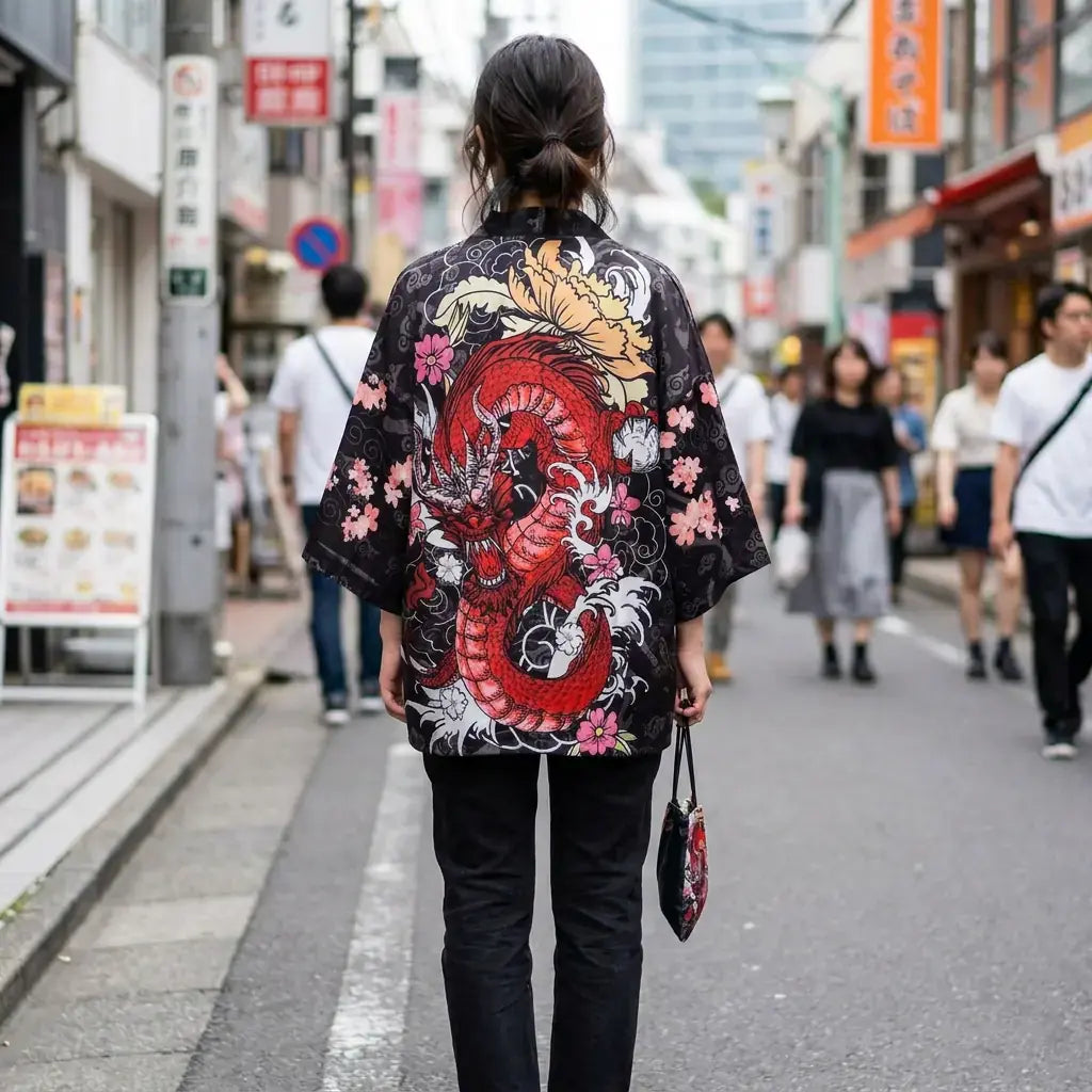 Kimono Dragon Homme porté par une femme dans une pièce japonaise traditionnelle