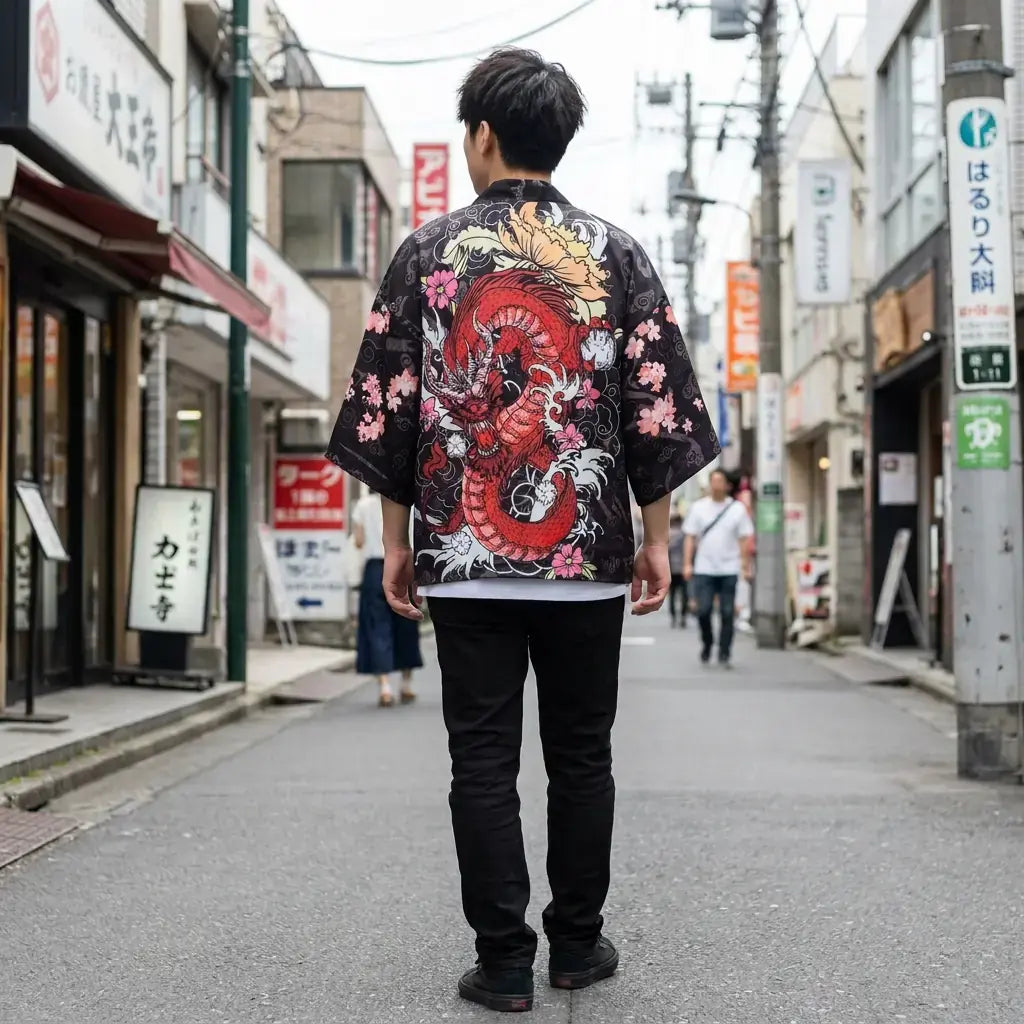 Kimono Dragon Homme porté par un homme dans une pièce japonaise traditionnelle, vue de face