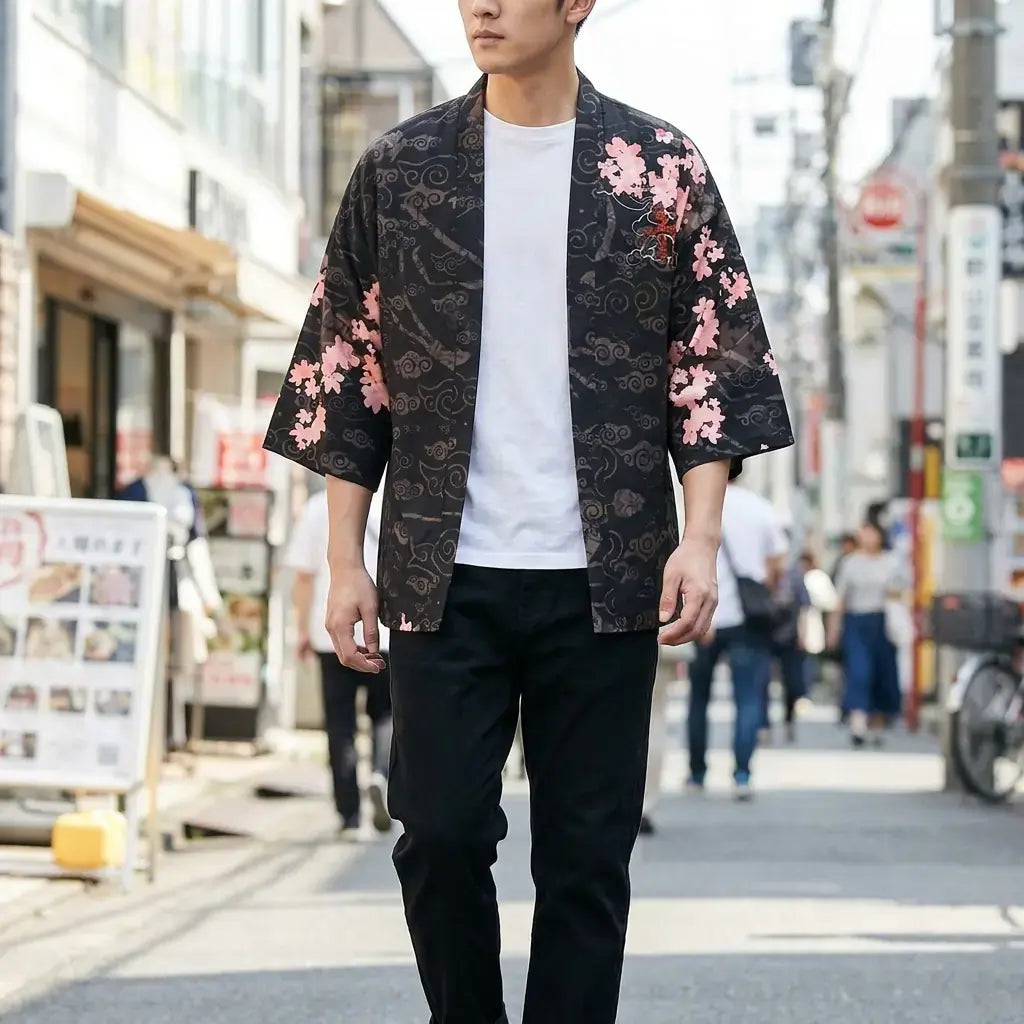 Kimono Dragon Homme porté par un homme dans une pièce japonaise traditionnelle, vue de face