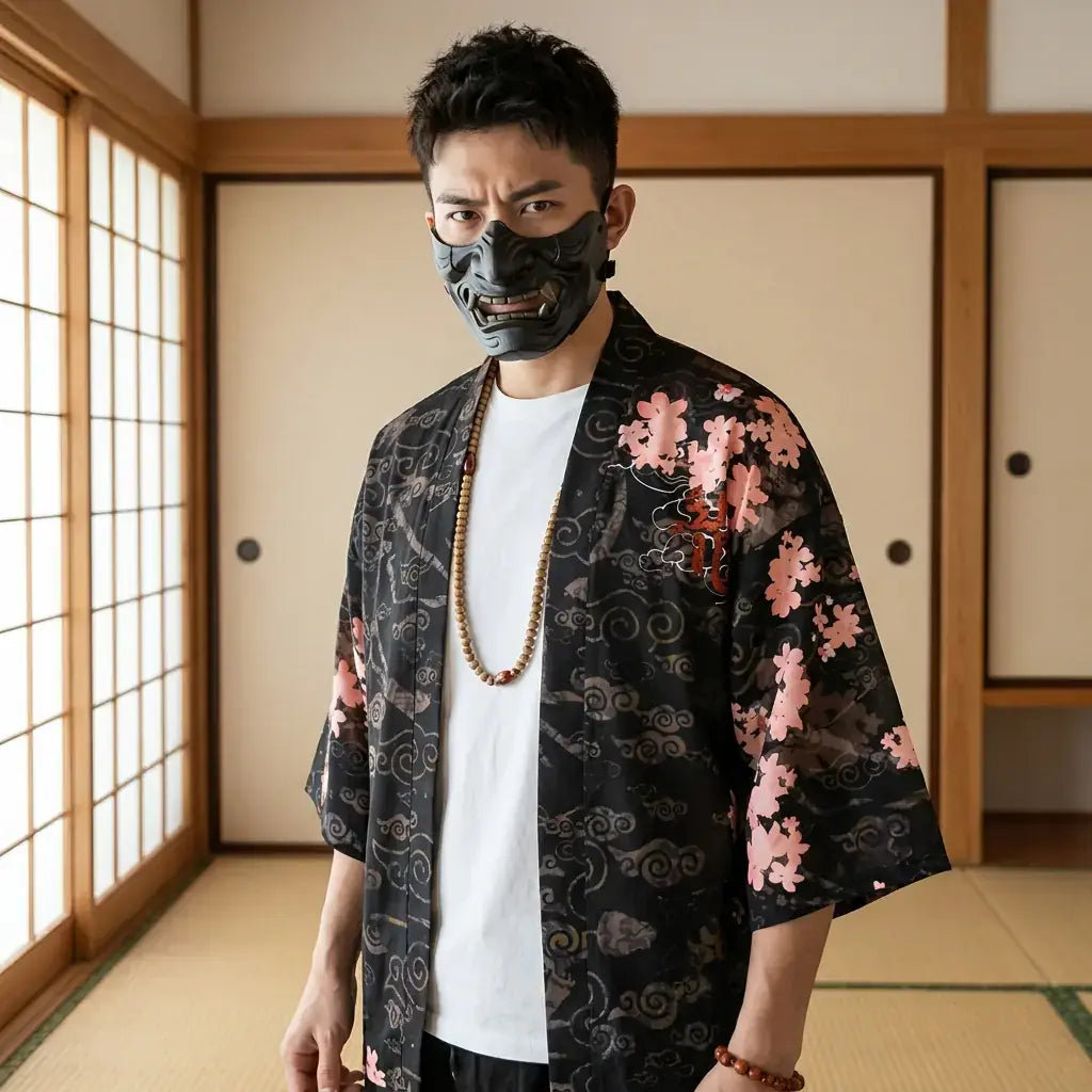 Kimono Dragon Homme porté par un homme dans une pièce japonaise traditionnelle, vue de face