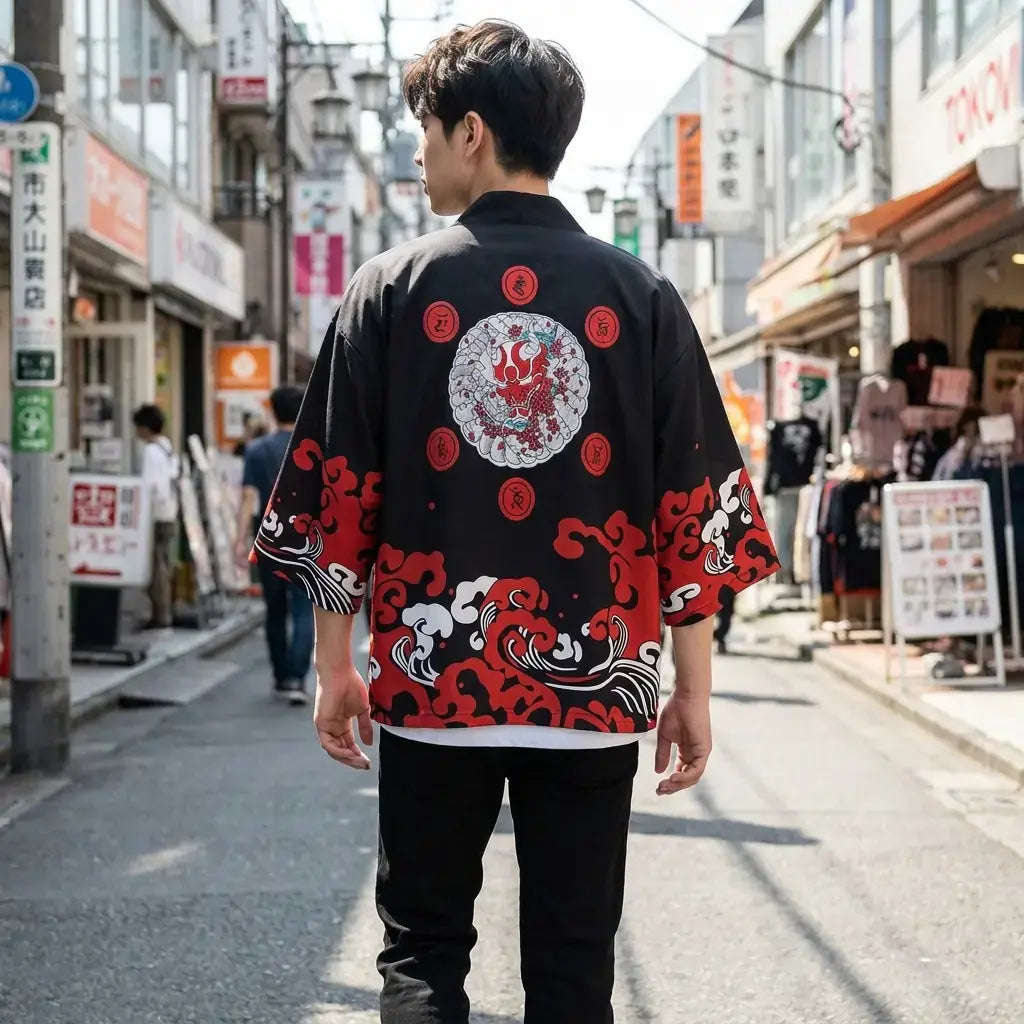 Kimono Ete Homme porté par un homme dans une pièce japonaise traditionnelle, vue de face