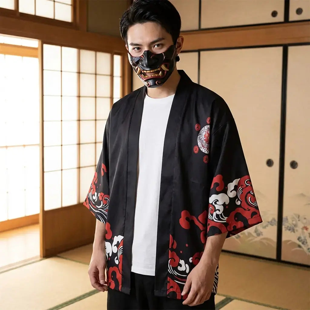 Kimono Ete Homme porté par un homme dans une pièce japonaise traditionnelle, vue de face