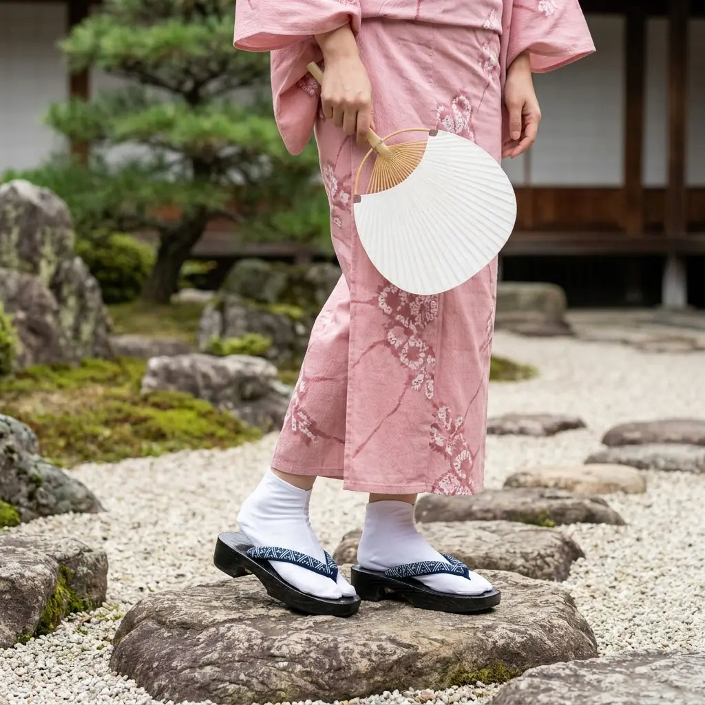 Kimono femme geta porté dans un jardin japonais