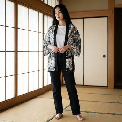 Veste Kimono Homme porté par une femme dans une pièce japonaise traditionnelle