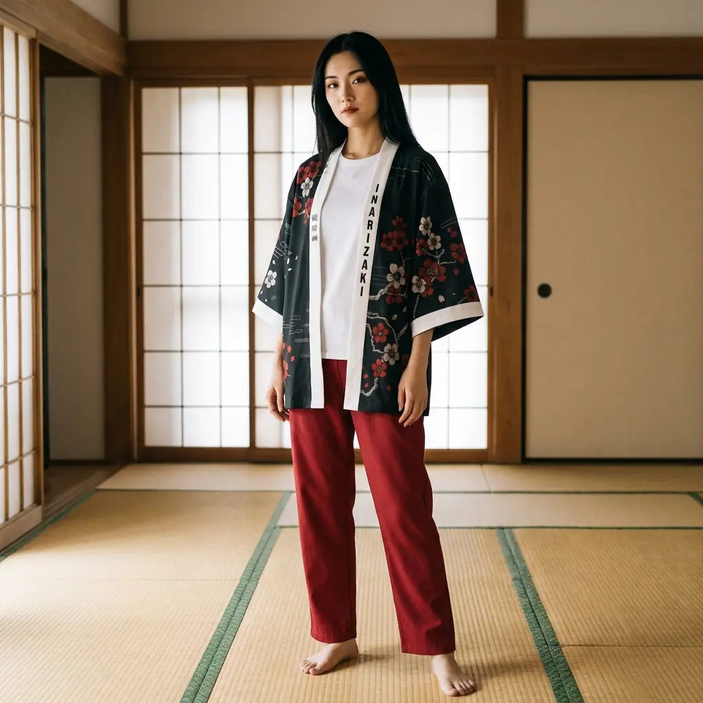 Kimono femme japonais porté avec un tatami et des shoji en arrière-plan
