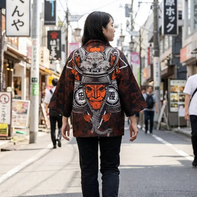 Veste Samourai porté par une femme dans une pièce japonaise traditionnelle