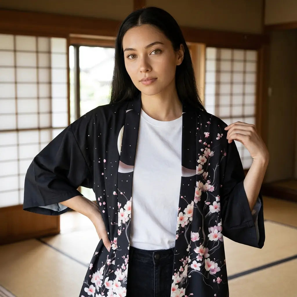 Kimono femme lune croissant et sakura sur veste haori