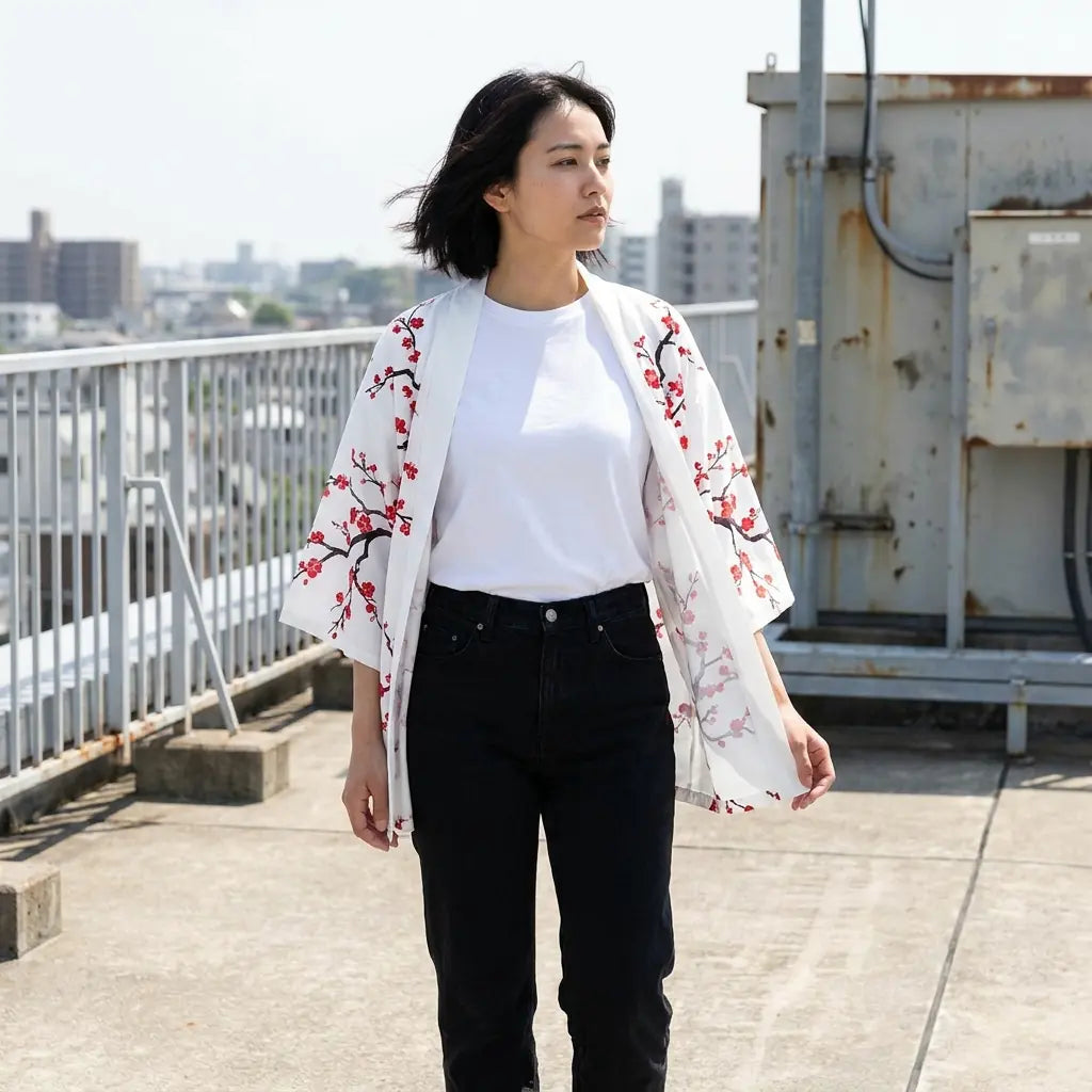Kimono femme avec motif de fleurs de cerisier japonais