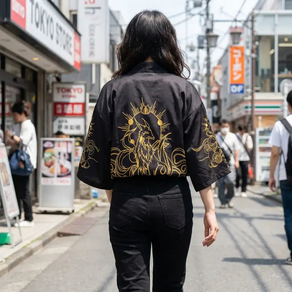 Kitsune Kimono porté par une femme dans une pièce japonaise traditionnelle