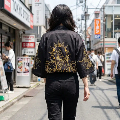 Kitsune Kimono porté par une femme dans une pièce japonaise traditionnelle