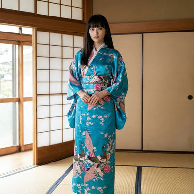 Kimono femme turquoise à motif inspiré du paon et silhouette longue et fluide