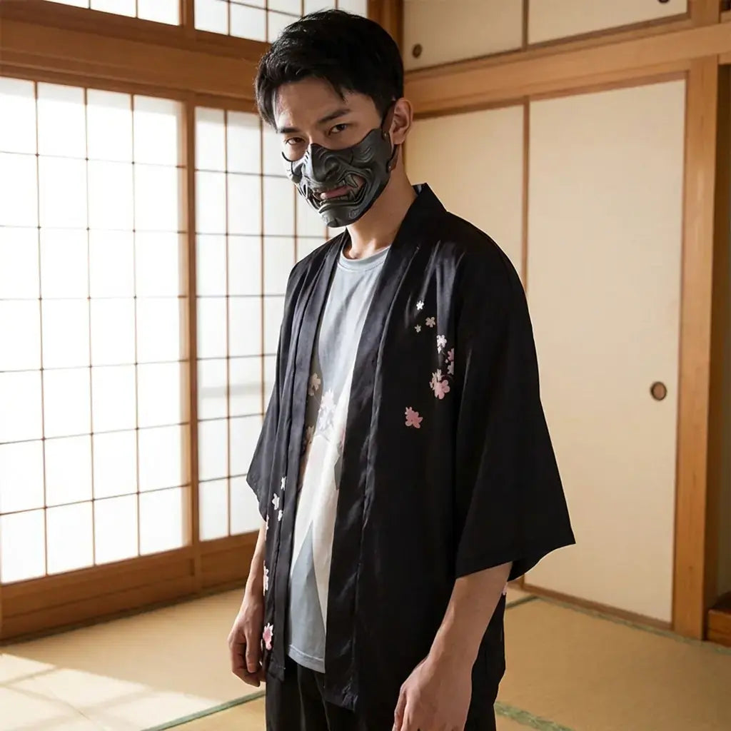 Kimono Fleuri porté par un homme dans une pièce japonaise traditionnelle, vue de face