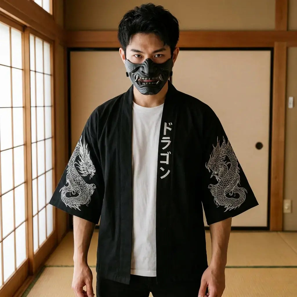 Kimono Haori Homme porté par un homme dans une pièce japonaise traditionnelle, vue de face
