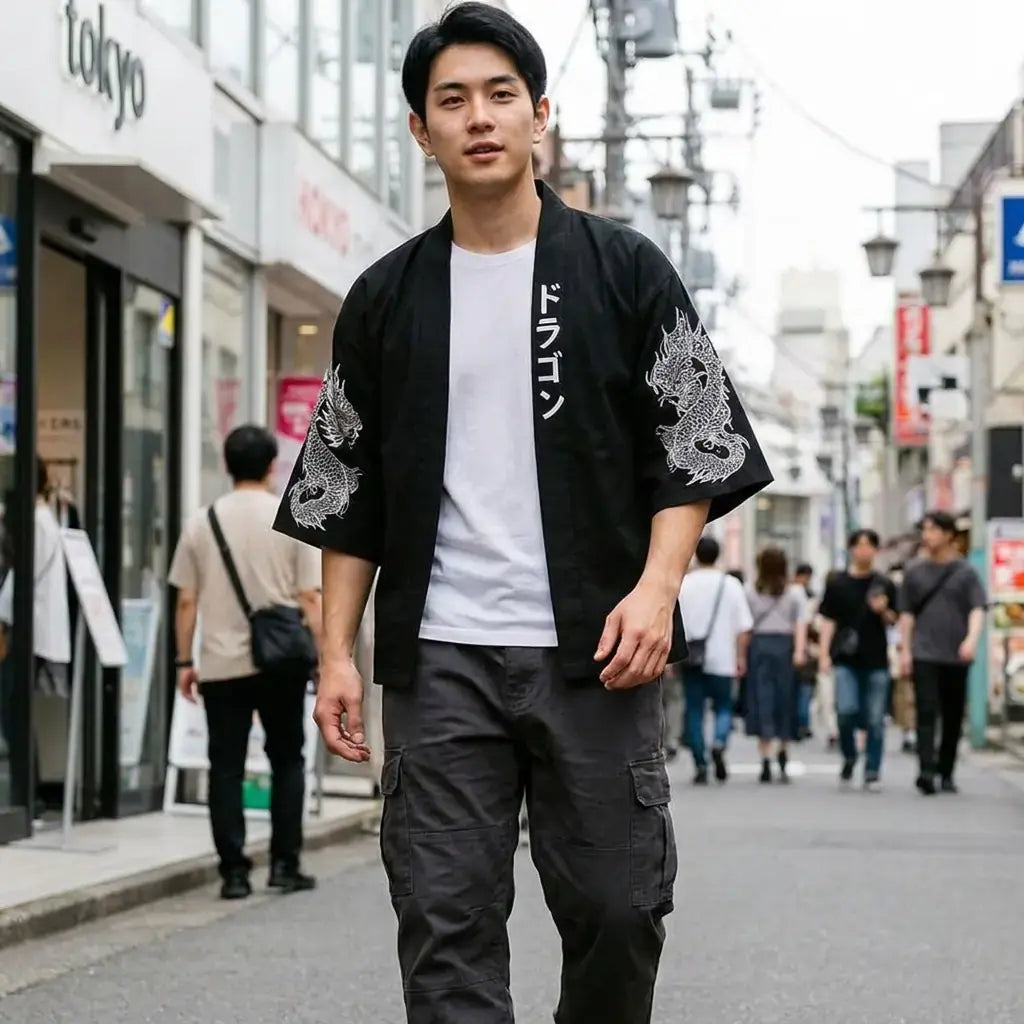 Kimono Haori Homme porté par un homme dans une pièce japonaise traditionnelle, vue de face