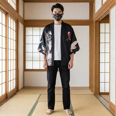 Kimono Manga porté par un homme dans une pièce japonaise traditionnelle, vue de face