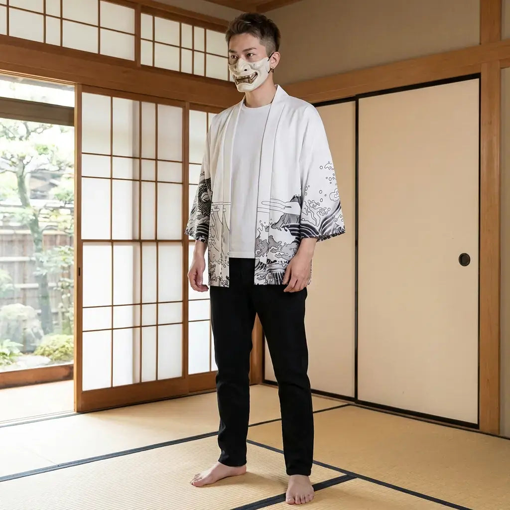 Veste Dragon Kimono porté par un homme dans une pièce japonaise traditionnelle, vue de face