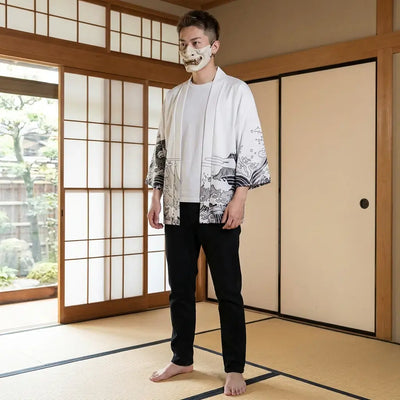 Veste Dragon Kimono porté par un homme dans une pièce japonaise traditionnelle, vue de face