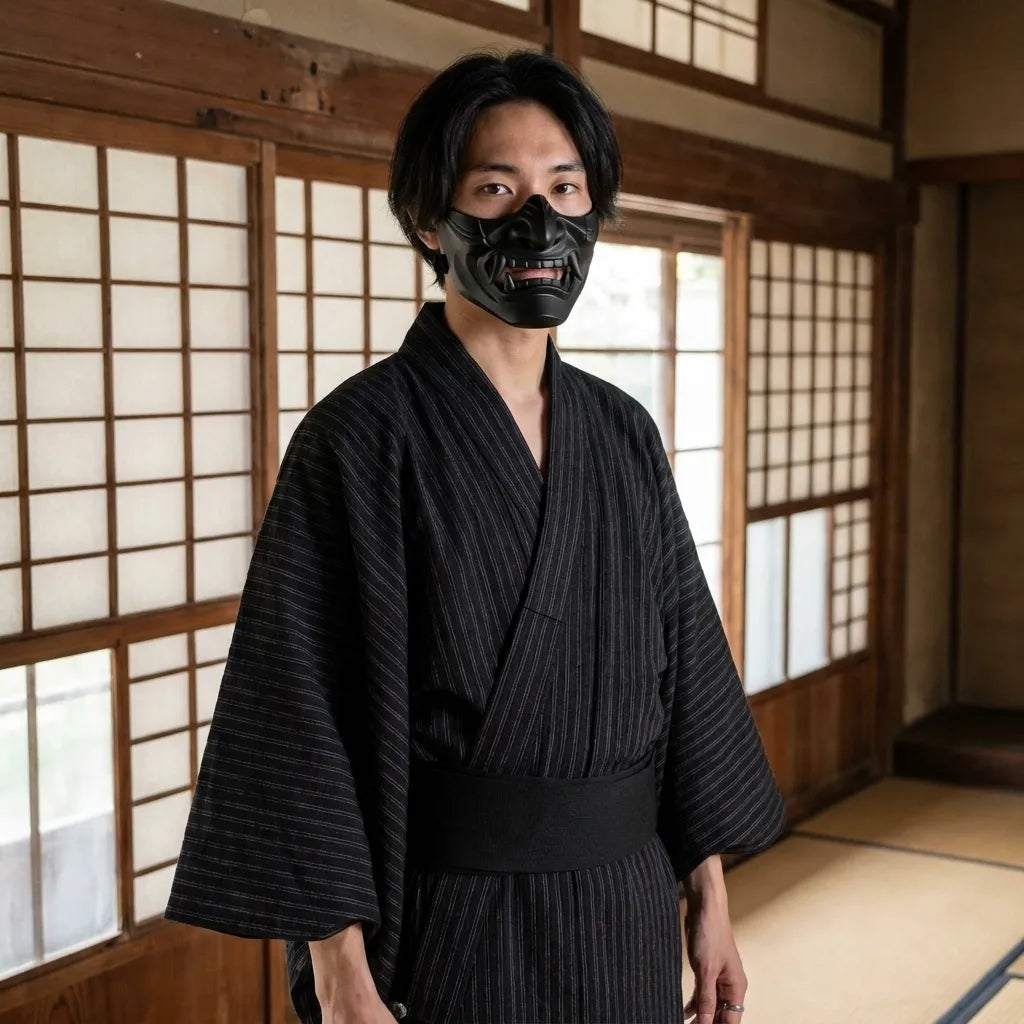 Kimono homme japonais porté avec ceinture obi