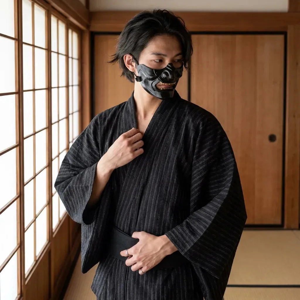 Kimono homme japonais porte de face, coupe traditionnelle et elegante.