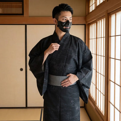 Kimono homme sombre avec motif bambou détaillé