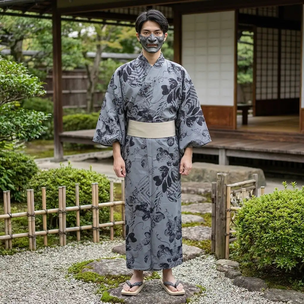 Kimono homme motif botanique détail tissu
