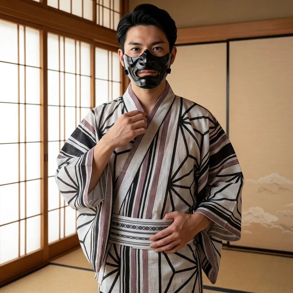 Kimono homme noir et blanc porté avec motifs symboliques