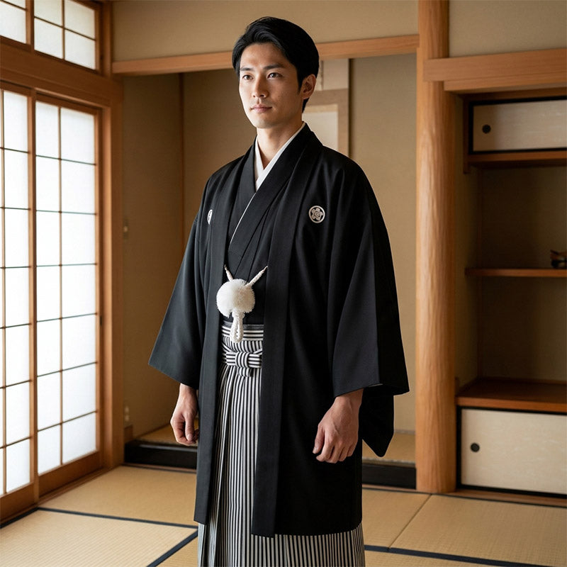 Kimono Homme Noir montsuki porté de face