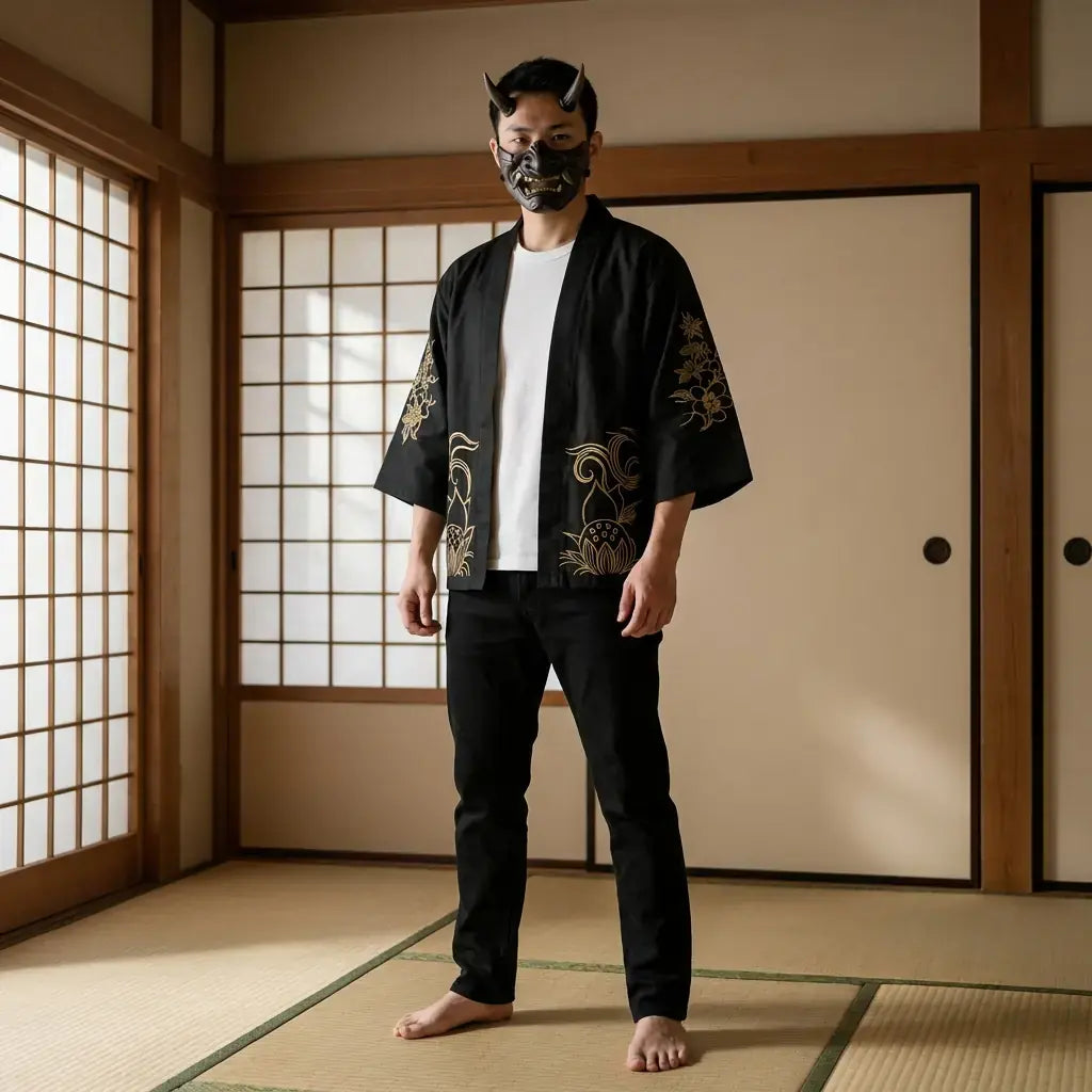 Kitsune Kimono porté par un homme dans une pièce japonaise traditionnelle, vue de face