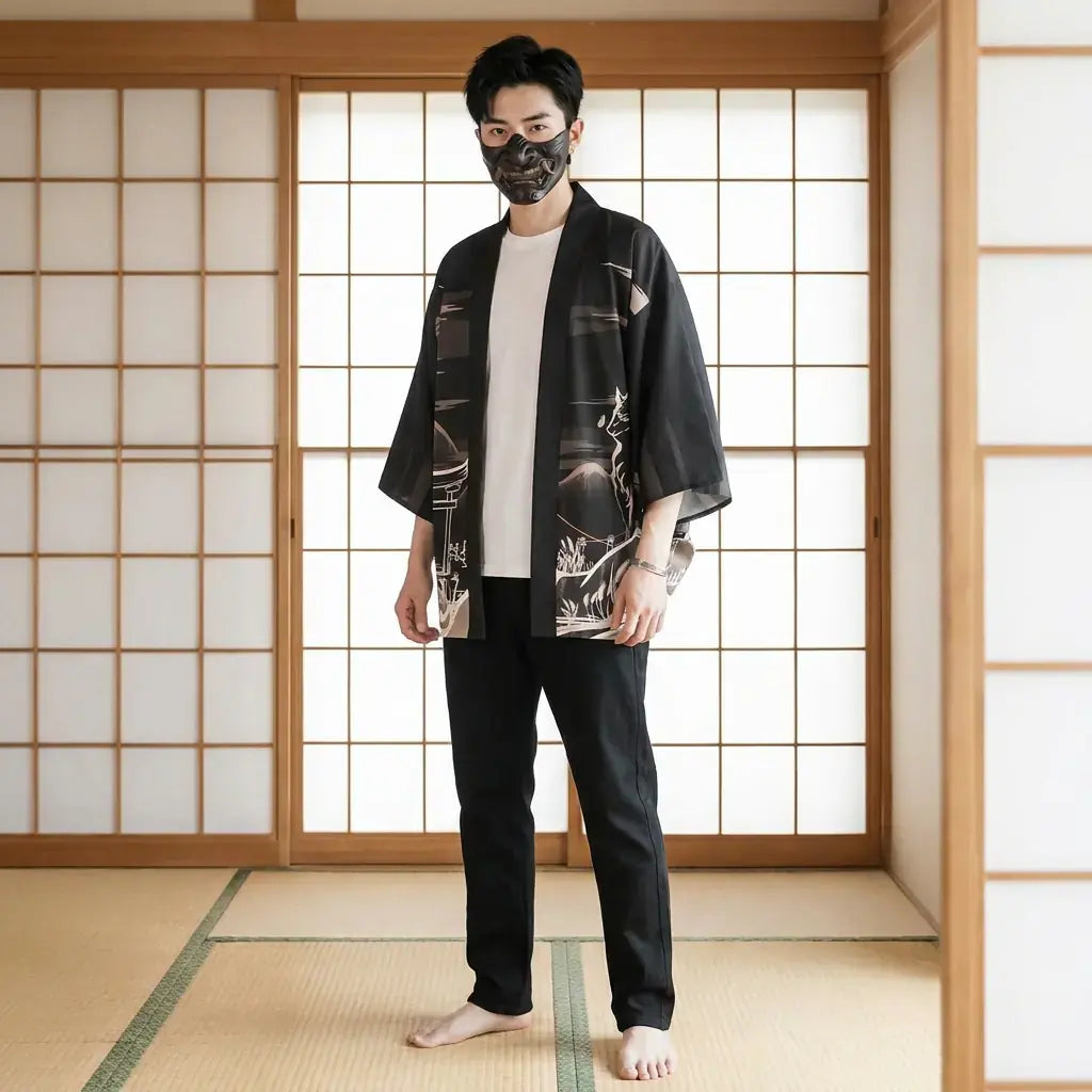 Veste Kitsune porté par un homme dans une pièce japonaise traditionnelle, vue de face