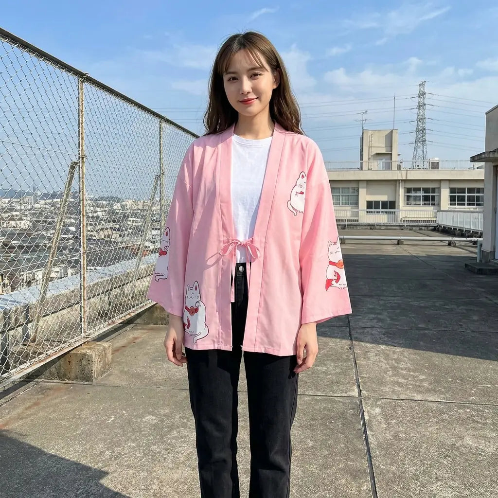 Kimono japonais femme noué à l'avant, porté sur un toit