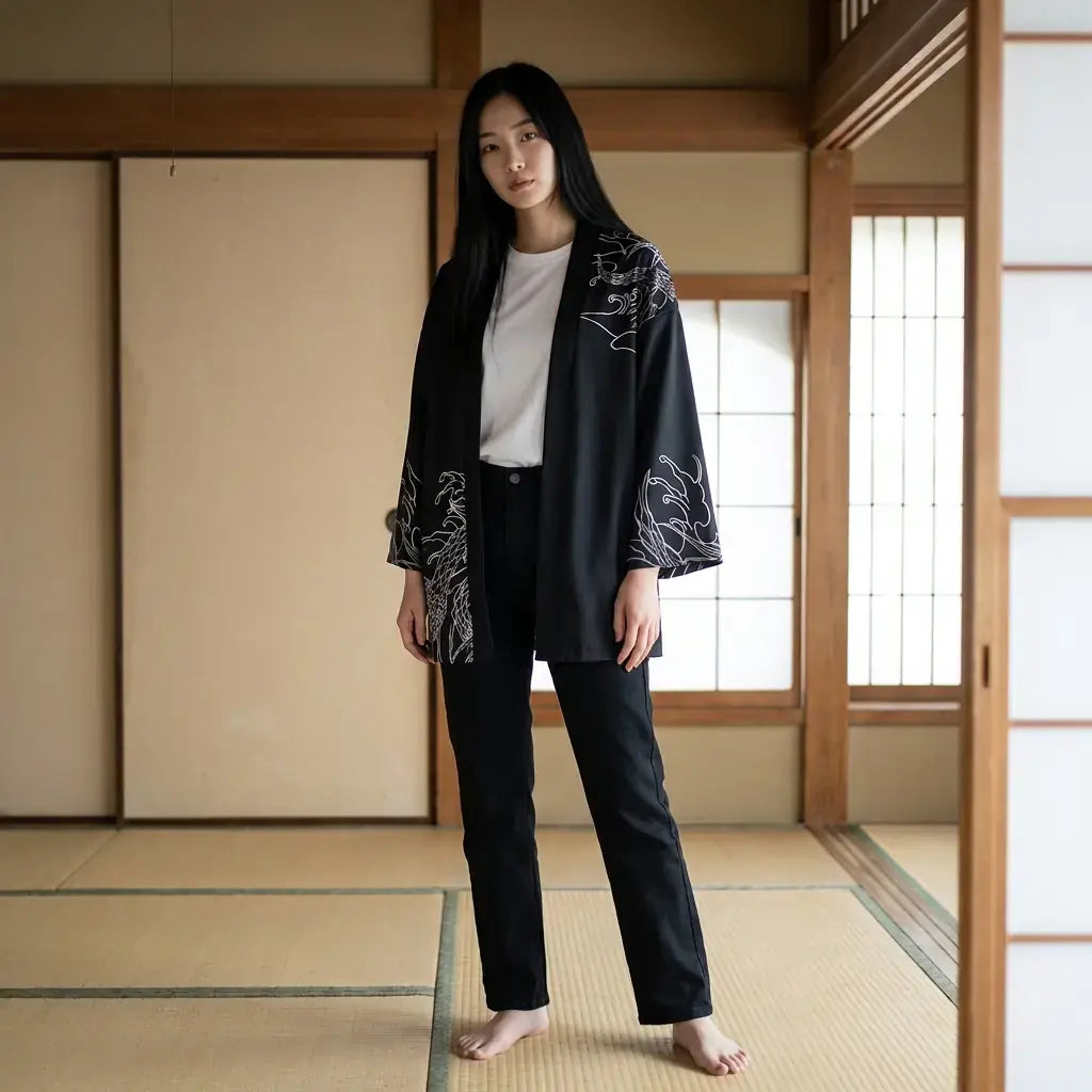Kimono Japonais Haori porté par un homme dans une pièce japonaise traditionnelle, vue de face