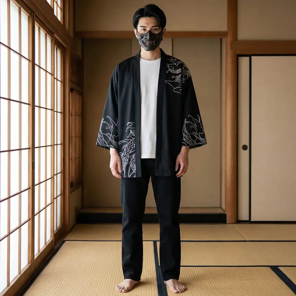 Kimono Japonais Haori porté par un homme dans une pièce japonaise traditionnelle, vue de face