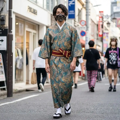 Kimono japonais homme couleur or avec manches larges