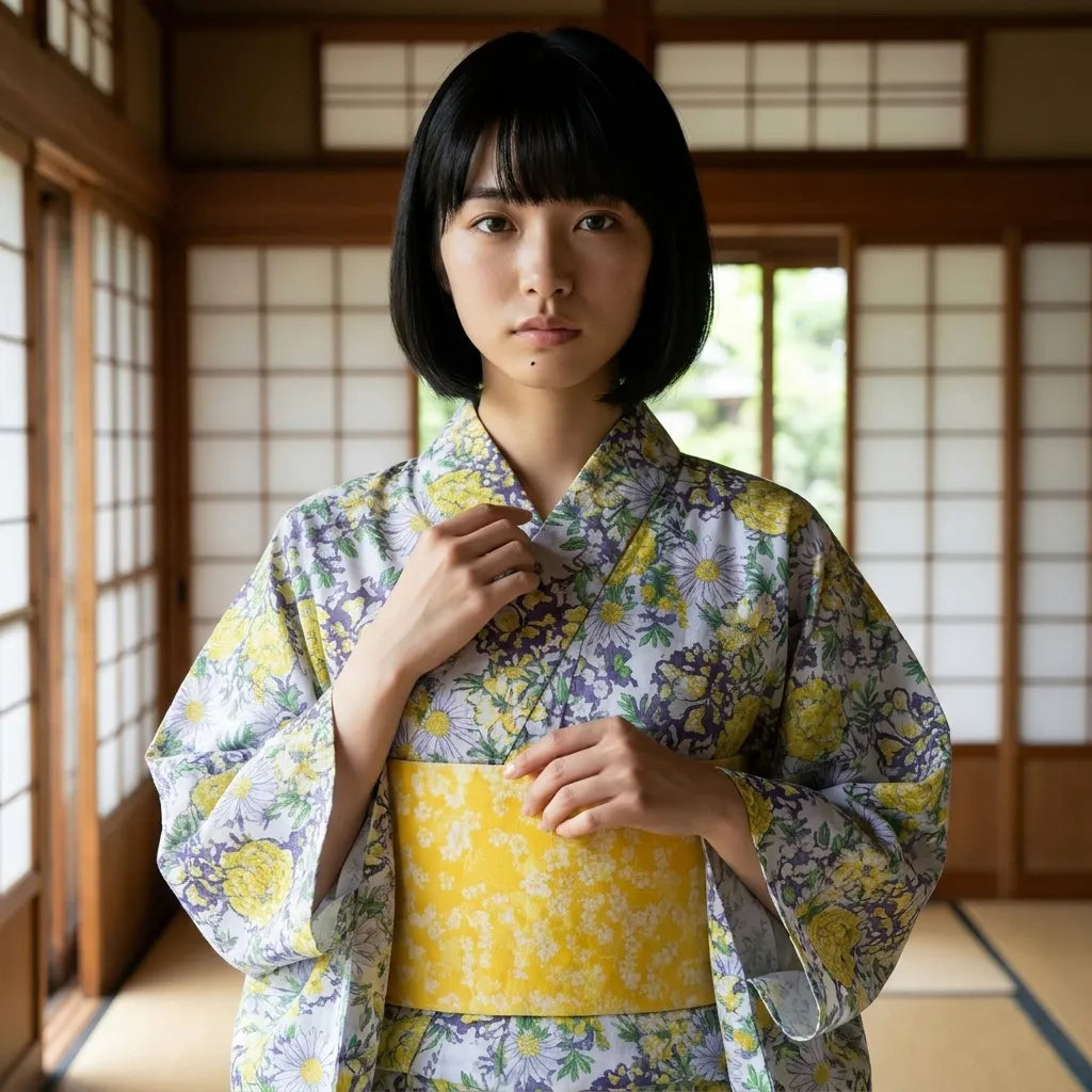 Vue de dos du kimono jaune fleuri avec sa ceinture façon obi et son ourlet fluide