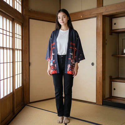 Kimono kitsune sakura en bleu marine, imprimé de portails torii rouges et renards blancs, posé sur un tatami.
