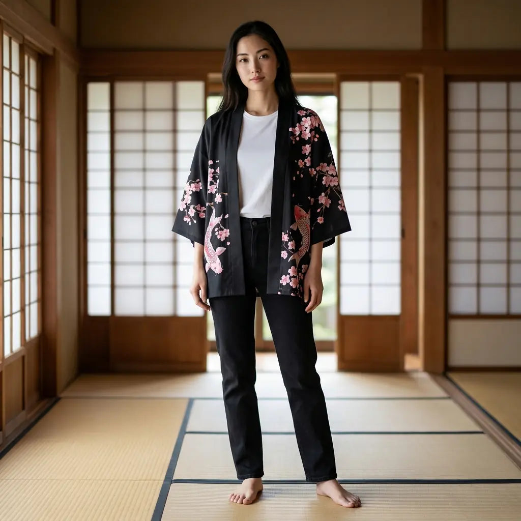Kimono koi noir porté pieds nus sur un tatami