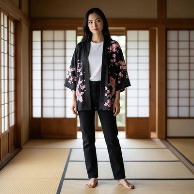 Kimono koi noir porté pieds nus sur un tatami
