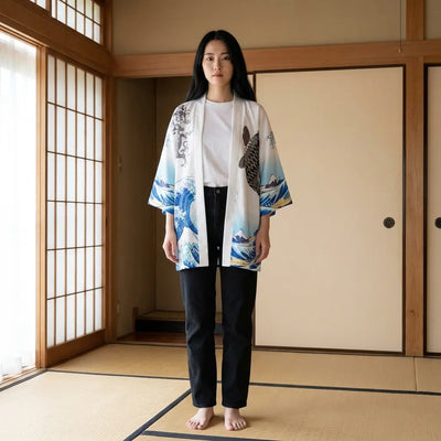Kimono koi blanc et bleu orné d'une vague déferlante, porté dans une pièce en tatami