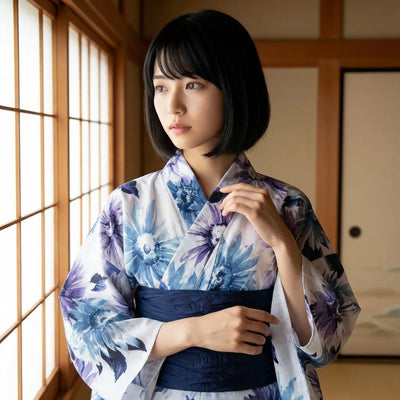 Kimono long femme fleuri lavande, coupe portefeuille vue de dos