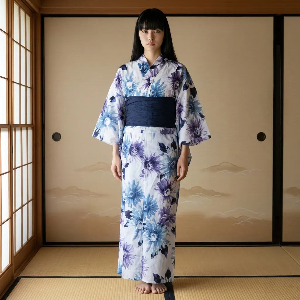 Kimono long femme fleuri lavande à motif sumire vu de face