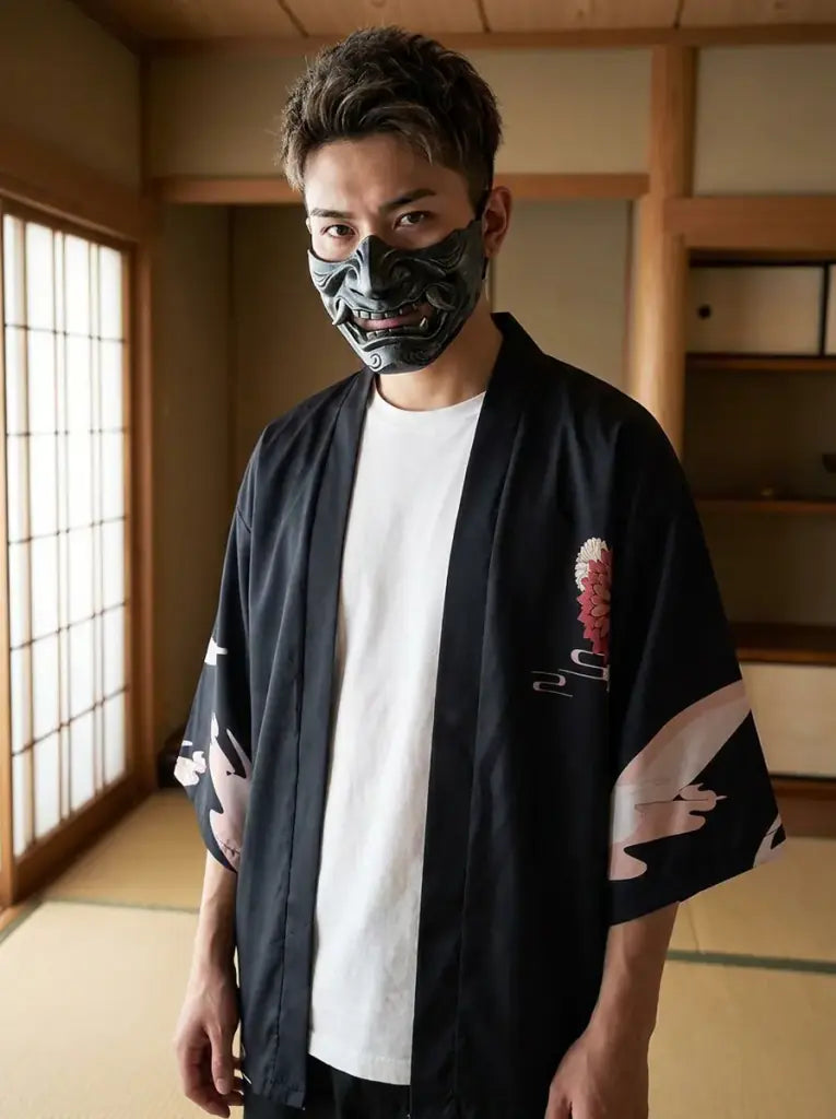Kimono Manga porté par un homme dans une pièce japonaise traditionnelle, vue de face